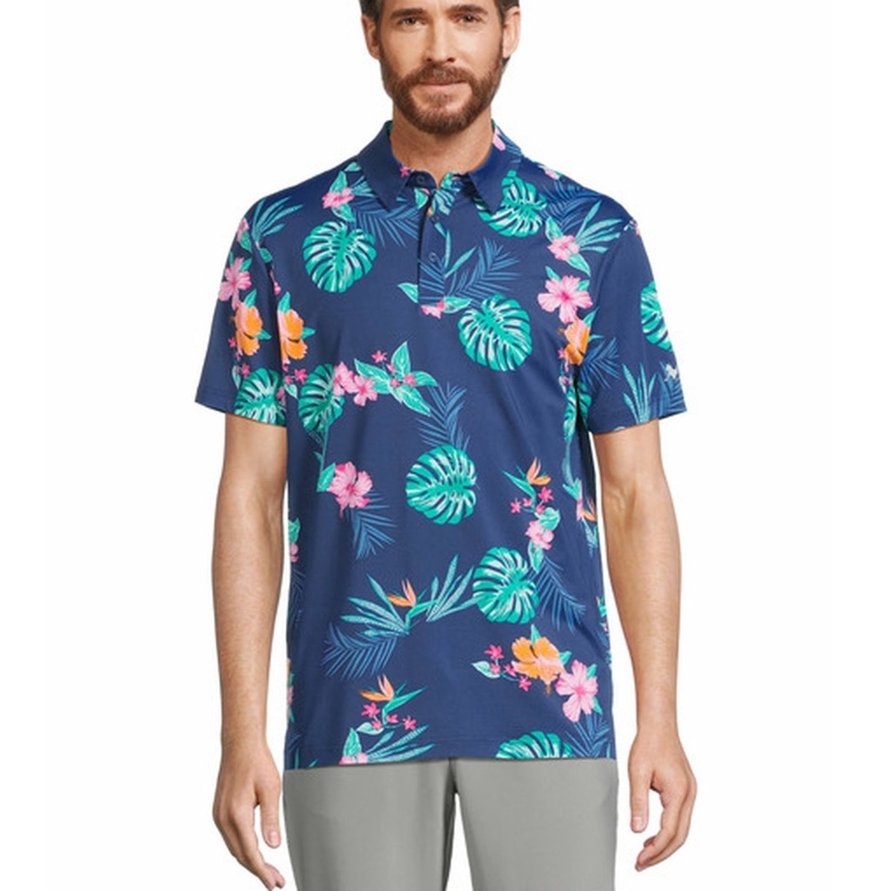 Birdie Bound Tropical Print Short Sleeve Golf Polo Shirt - Size Large